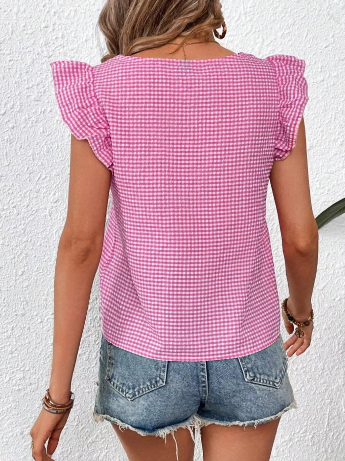 Gingham Ruffle Sleeve Square Neck Blouse