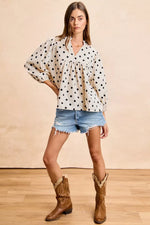 BiBi Polka Dot Corduroy Quarter Sleeves V Neck Blouse