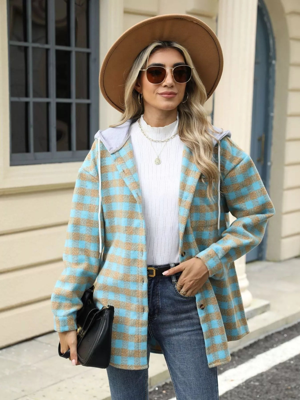Plaid Button Up Long Sleeve Drawstring Hooded Jacket