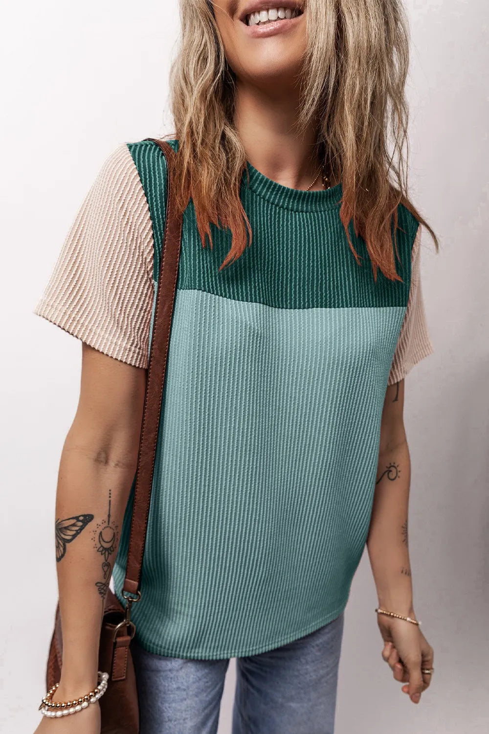 Color Block Round Neck Short Sleeve T-Shirt