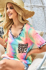 BiBi Tie Dye Print V Neck Top With Front Patch Pocket