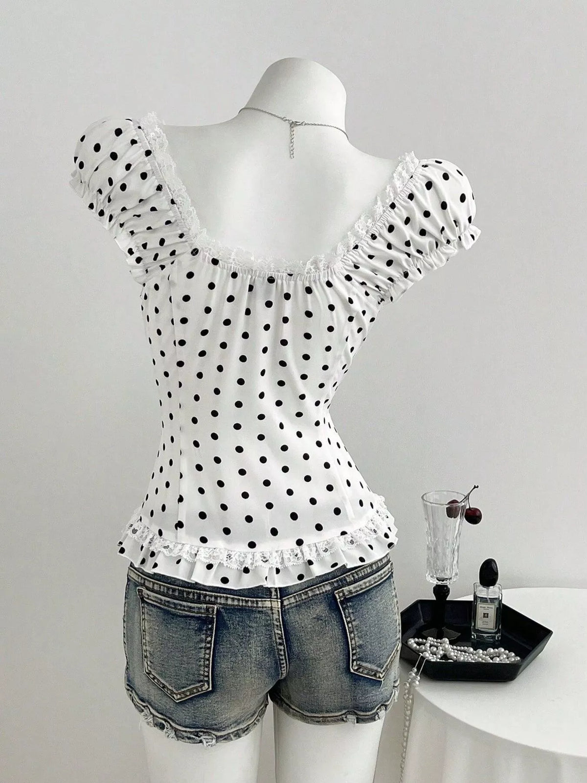 Polka Dot Lace Trim Cap Sleeve Blouse