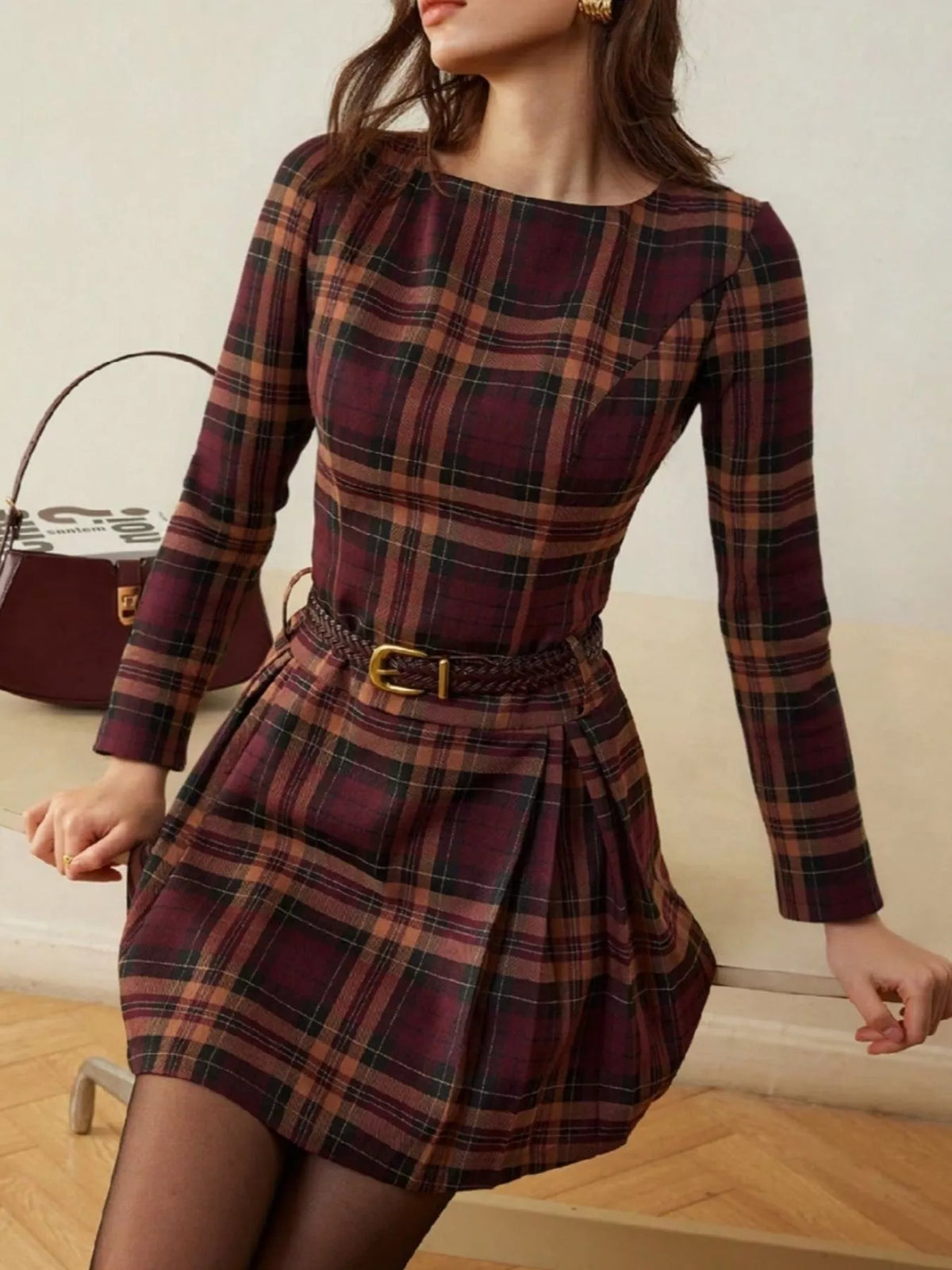 Plaid Long Sleeve Mini Dress