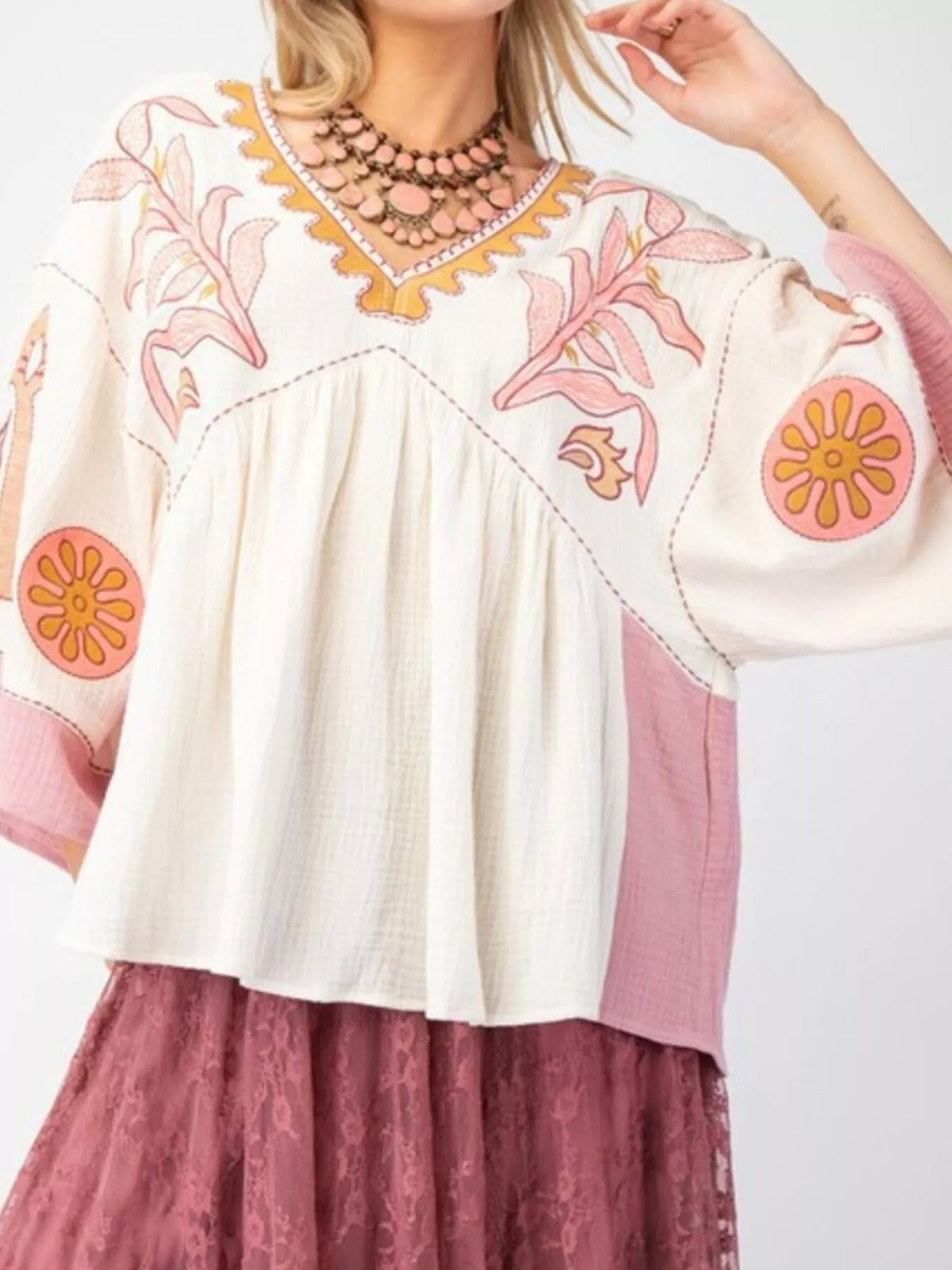 Printed V-Neck Top with Contrast Trim Details