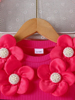 Children's Floral Applique Ribbed Top & Button Decor Skirt Set