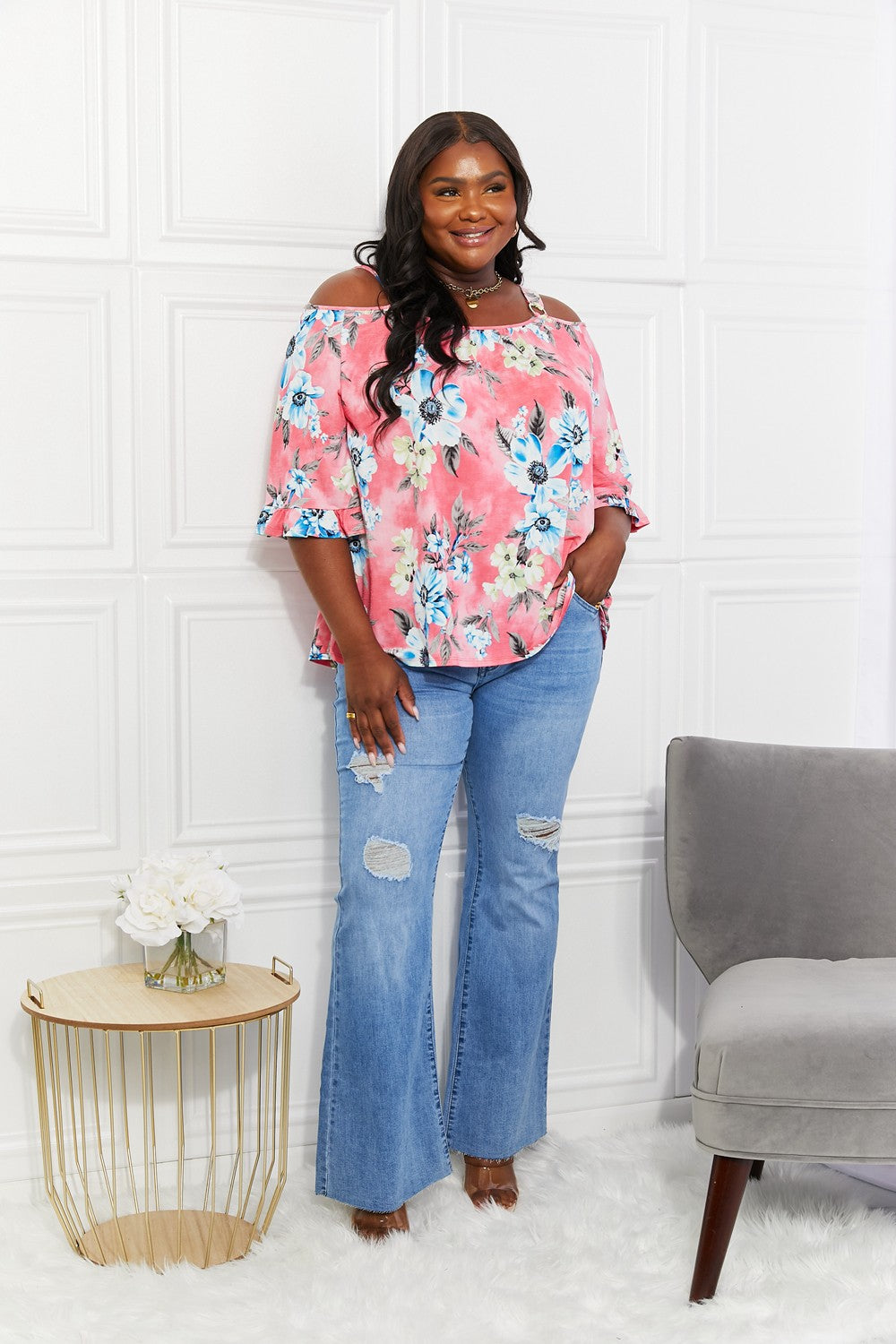 Sew In Love Full Size Fresh TakeFloral Cold-Shoulder Top