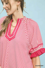 Umgee Stripe Ruffle Sleeve Split-Neck Blouse