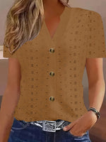 Openwork Notched Short Sleeve Top
