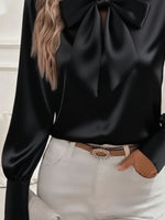 Satin Bow Tie Long Sleeve Top