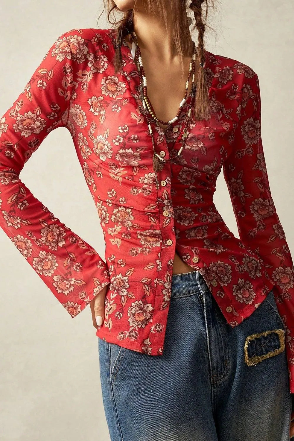 FloralButton-Front Shirt with Bell Sleeves