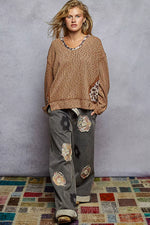 POL Balloon Sleeve Oversized Ribbed Top with Floral Pattern Contrast