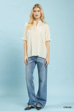 Umgee Textured Henley Blouse with Ruffle Cuffs