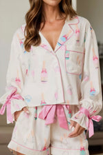 Bow Printed Collared Neck Top and Drawstring Shorts Lounge Set