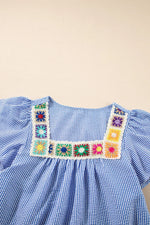 Stripe Textured Ruffle Short Sleeve Boho Detail Square Neck Blouse