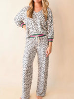 V Neck Leopard Long Sleeve Top Striped Webbing Patchwork Drawstring Pant Set