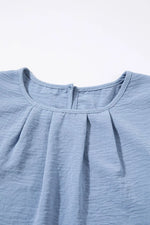 Solid Color Flounce Sleeve Pleated Round Neck Blouse