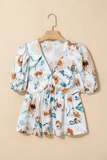 Floral Print Puff Sleeve V Neck Babydoll Blouse