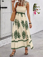 Smocked Printed Square Neck Maxi Dress