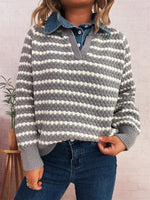 Contrast Striped Sweater with Denim Collar