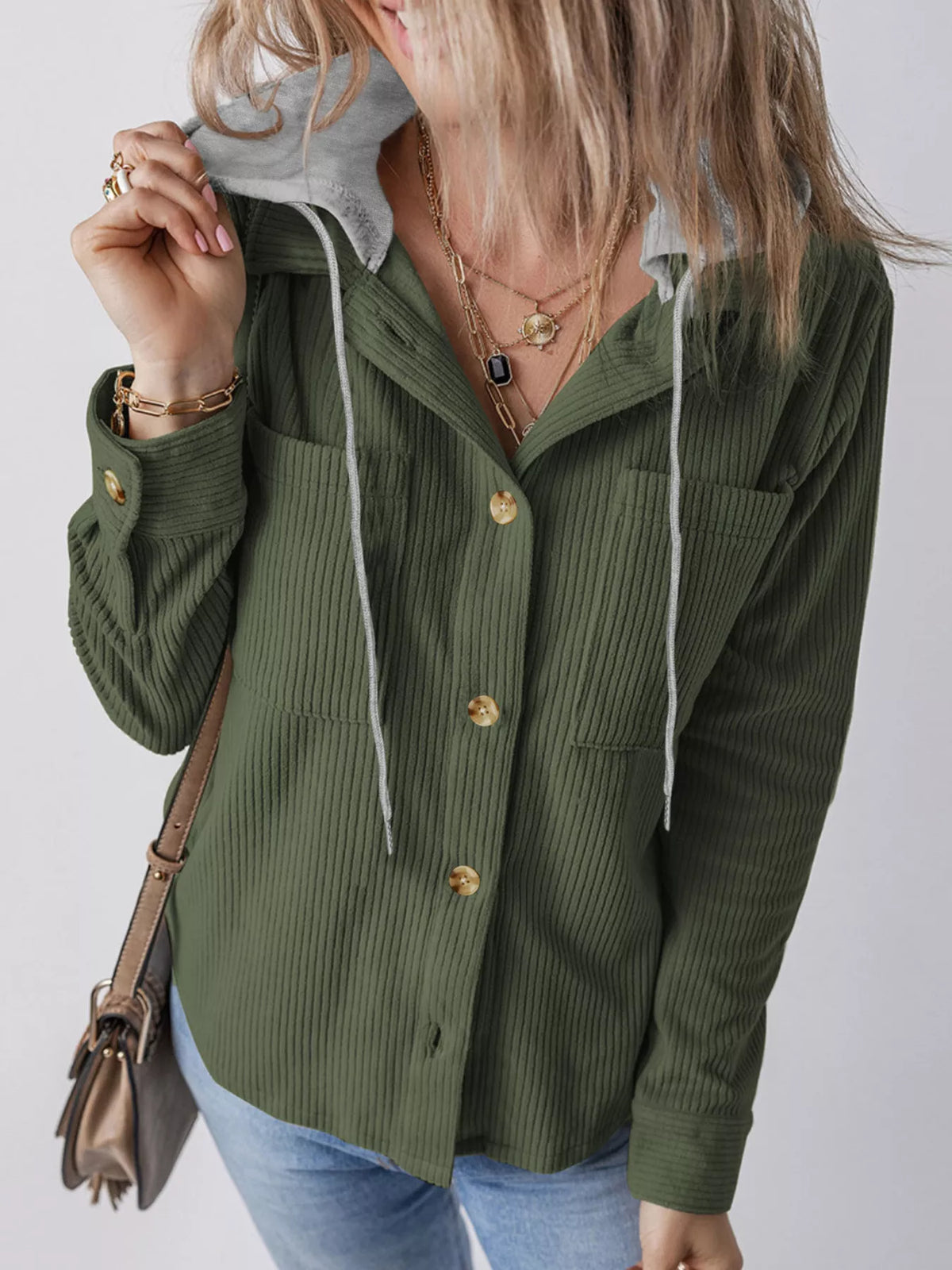 Hooded Corduroy Button-Down Jacket