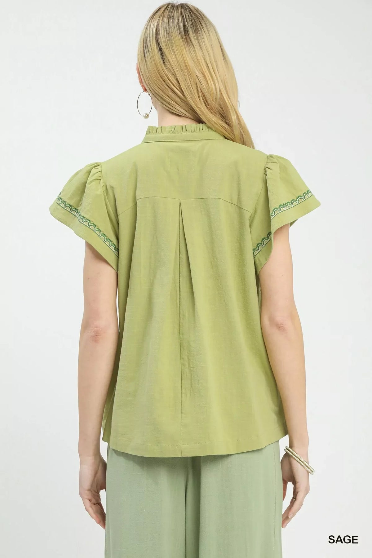 Umgee Embroidered Flutter Sleeve Blouse