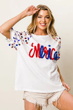 BiBi Metallic Letter Spangle Raglan Puff Sleeve Top