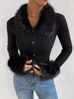 Faux Fur Trim Ribbed Knit Cropped Cardigan