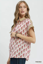 Umgee Block Print Button-Front Shirt with Contrast Stripe Point Collar