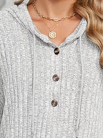Casual Ribbed Knit Button Detail Hoodie