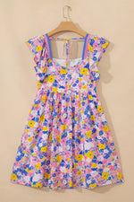 Floral Print Flutter Sleeve Striped Trim Square Neck Loose Mini Dress