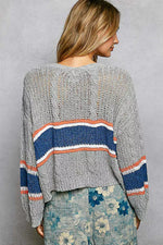 POL V-Neck Striped Pattern Cropped Knit Top with Cable Knit Detail