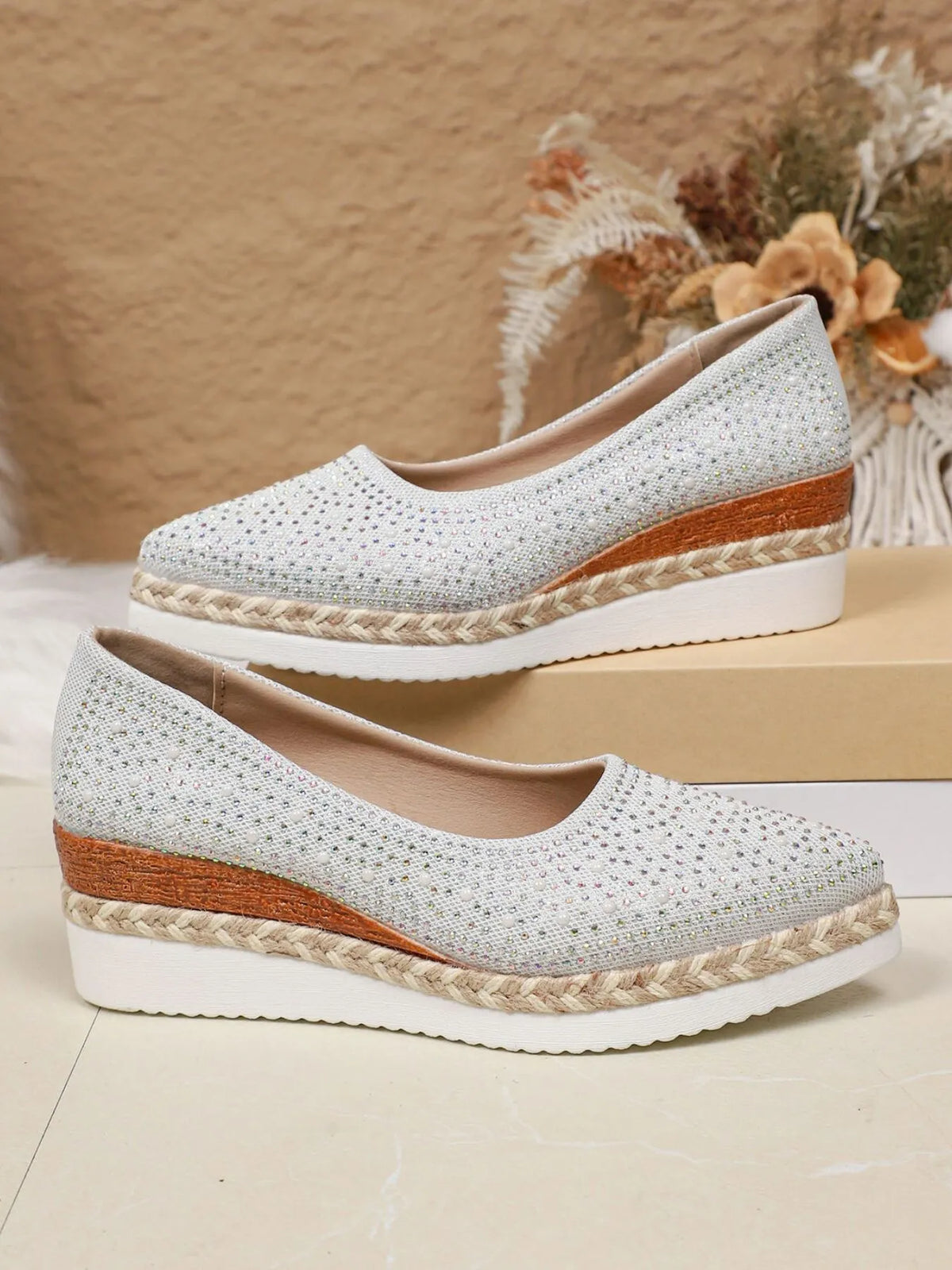 Rhinestone Point Toe Wedge Slip-Ons