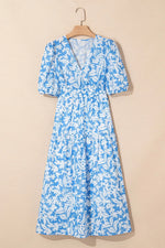 Floral V Neck Puff Short Sleeve Flowy Dress