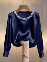 Pearl Trim Round Neck Silk Blouse