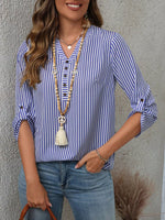 Striped V-Neck Roll-Up Sleeve Blouse