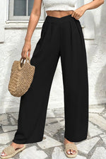 Solid Color Textured Crossed Waist Loose Pants