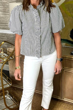 Striped Ruffle Short Bubble Sleeve Shirt