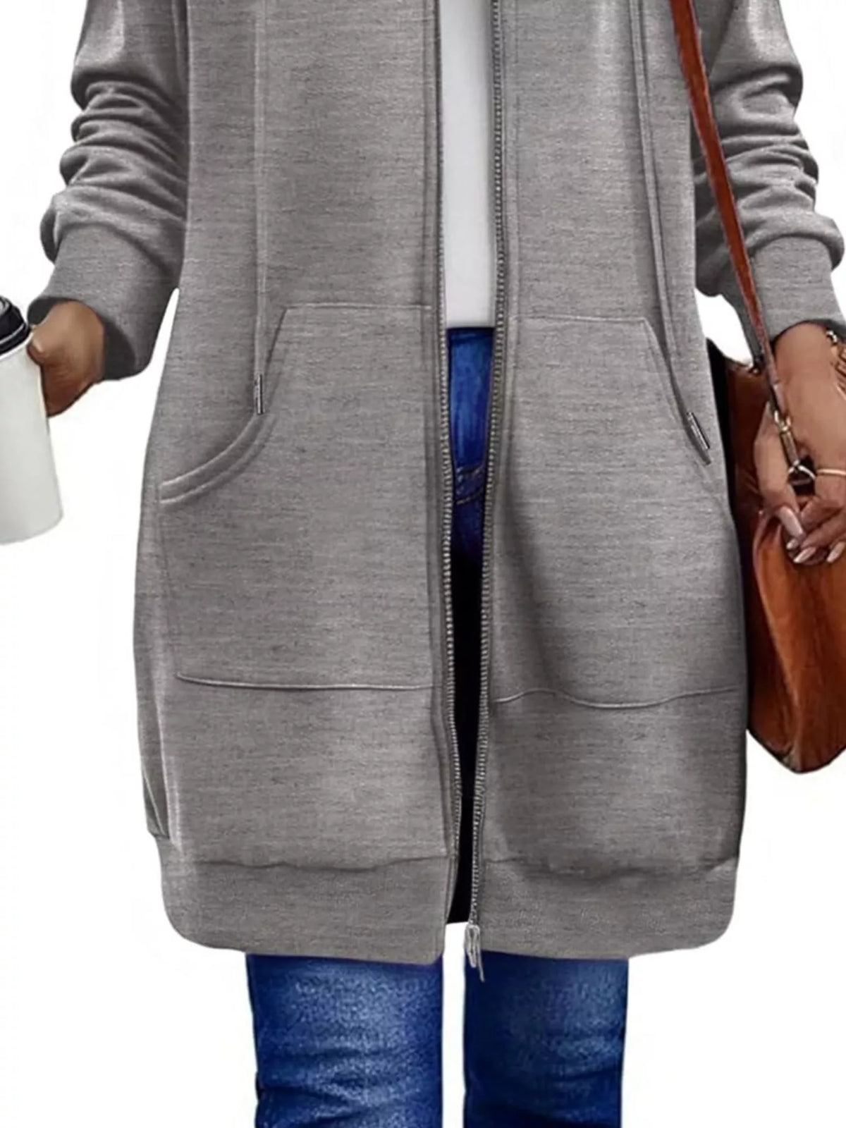 Casual Longline Zip-Up Hooded Outerwear