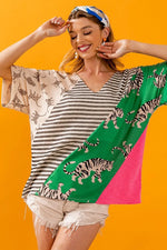 BiBi Tiger W Stripe Contrast Color Block V Neck Top