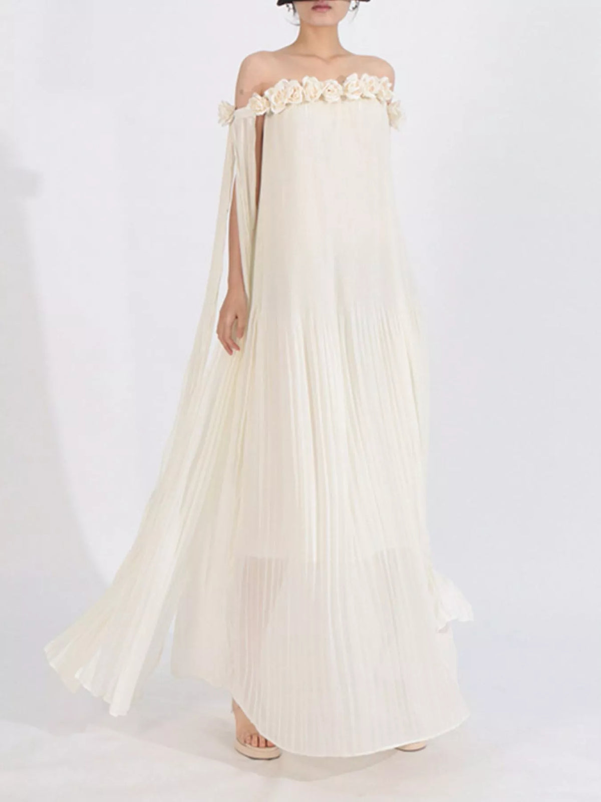 Off-Shoulder Floral Pleated Maxi Dress