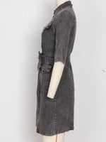 Zipper Front Short Sleeve Denim Dress