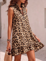 Sleeveless Leopard Print Zipper-Neck Ruffle Hem Mini Dress
