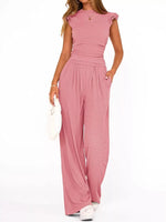 Ruffled Mock Neck Top and Wide Leg Pants Set