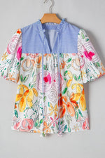 Floral Striped Yoke Frilled Tie Neck Puff Short Sleeve Blouse