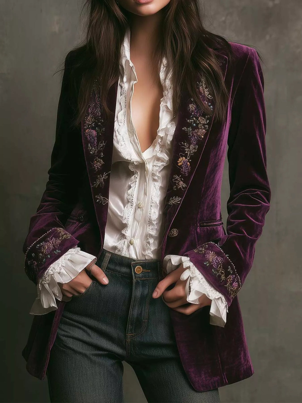 Embroidered Velvet Long Sleeve Outerwear