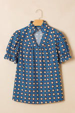 Floral Print V Neck Pleated Detail Short Puff Sleeve Blouse