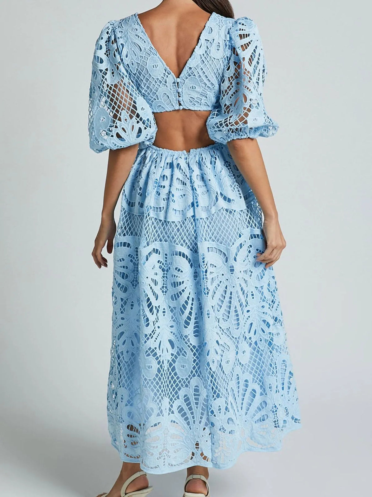 Cutout Back Lace Crochet V-Neck Dress