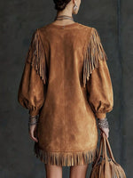 Suede Fringe Lantern Sleeve Mini Dress
