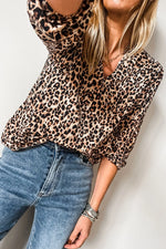 Leopard Notched Half Sleeve Blouse