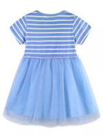 Children's Striped Tulle Dress with Butterfly and Flower Appliques